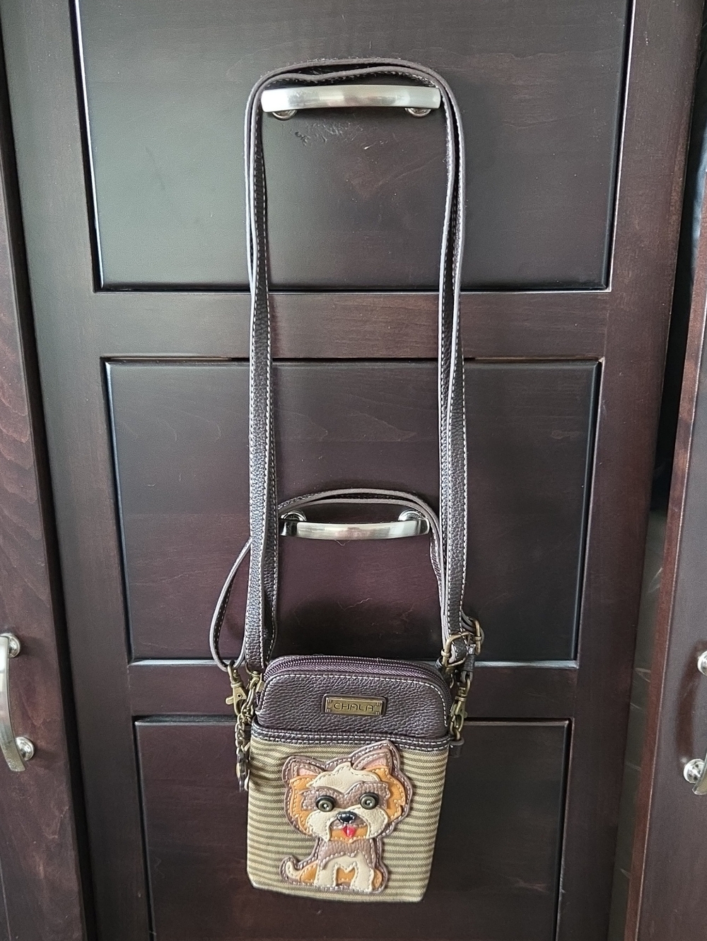 CHALA Yorkie Yorkshire Terrier Cell Phone Crossbody Purse Bag Stripe Brown